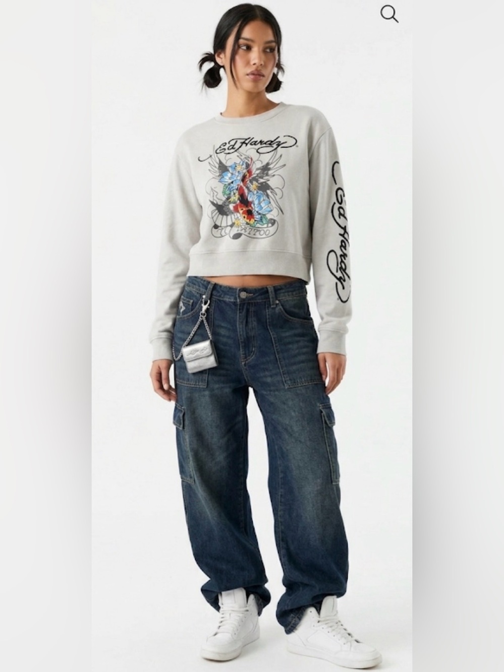 Vtg Ed Hardy Koi Fish Tattoo Graphic Sweatshirt Beige XL Y2K Streetwear